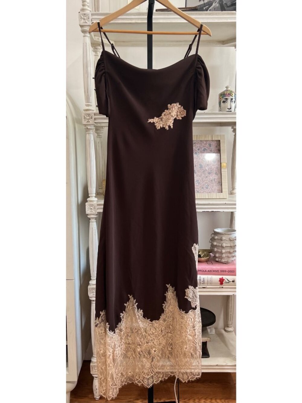 Anthropologie Bl-nk Satin Off-Shoulder Lace Slip Midi Dress Size XS Y2K 90s - Picture 5 of 7